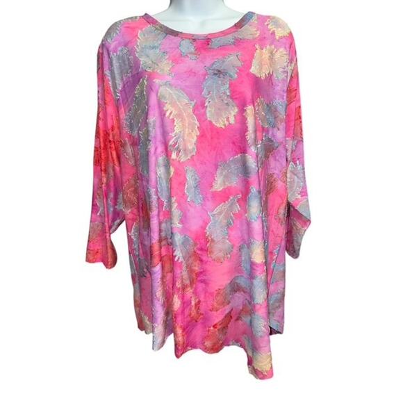 Calessa 1X Top Pink Embroider Leaves Art Asymmetric Hem Soft Stretch 3/4 Sleeves - Picture 1 of 5